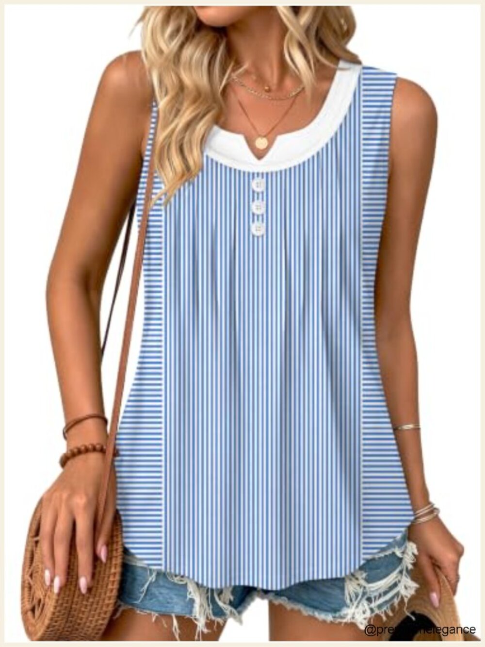 Pleated Front Striped Tank Top Curved Hem Flowy Sleeveless Summer Shirt